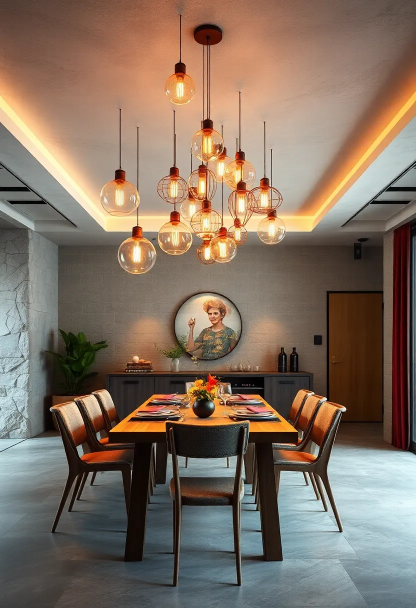 A Cluster⁤ Of Pendant Lights Featuring Varied Shapes And Warm Tones Above A Rustic Wooden Dining Setup