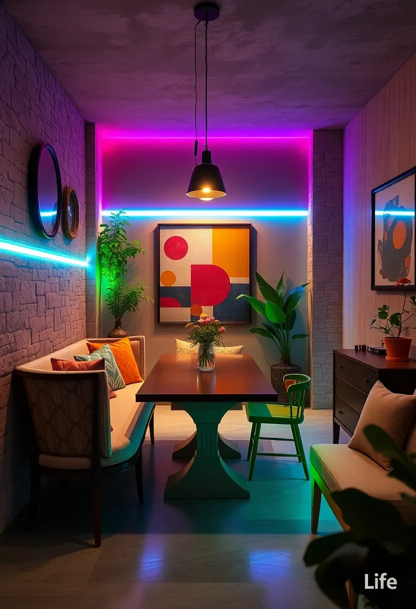 Multi-colored LED⁣ Strips Subtly Highlighting Vintage Décor And Abstract Wall Art⁢ In A dining Nook