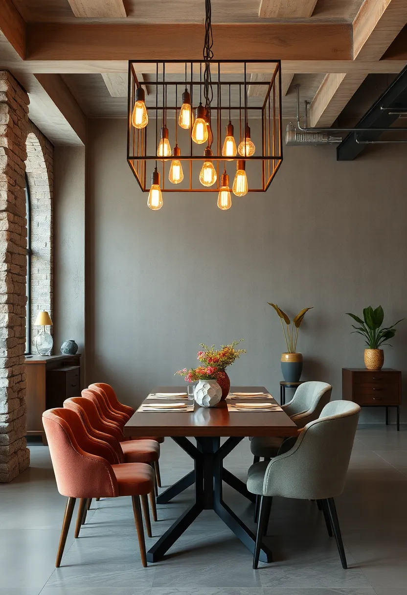 Warm Filament Bulbs ​Draped Within An Industrial Cage Frame Lighting A ⁣Fusion ​Of Retro ​And ⁤Contemporary Dining‍ Furniture
