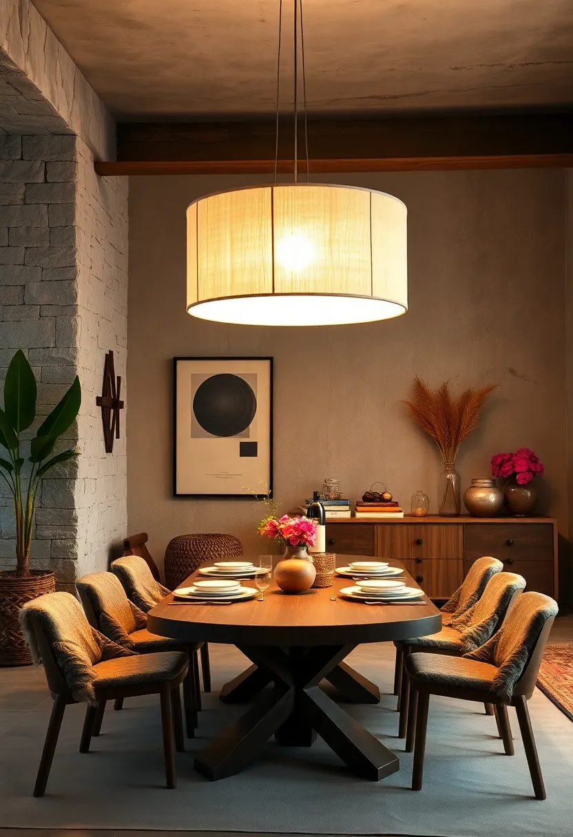 An ‍Oversized Drum Pendant With Soft Linen Shade Providing ⁣Gentle Illumination for‍ A‍ Cozy Bohemian Dining ‌Room