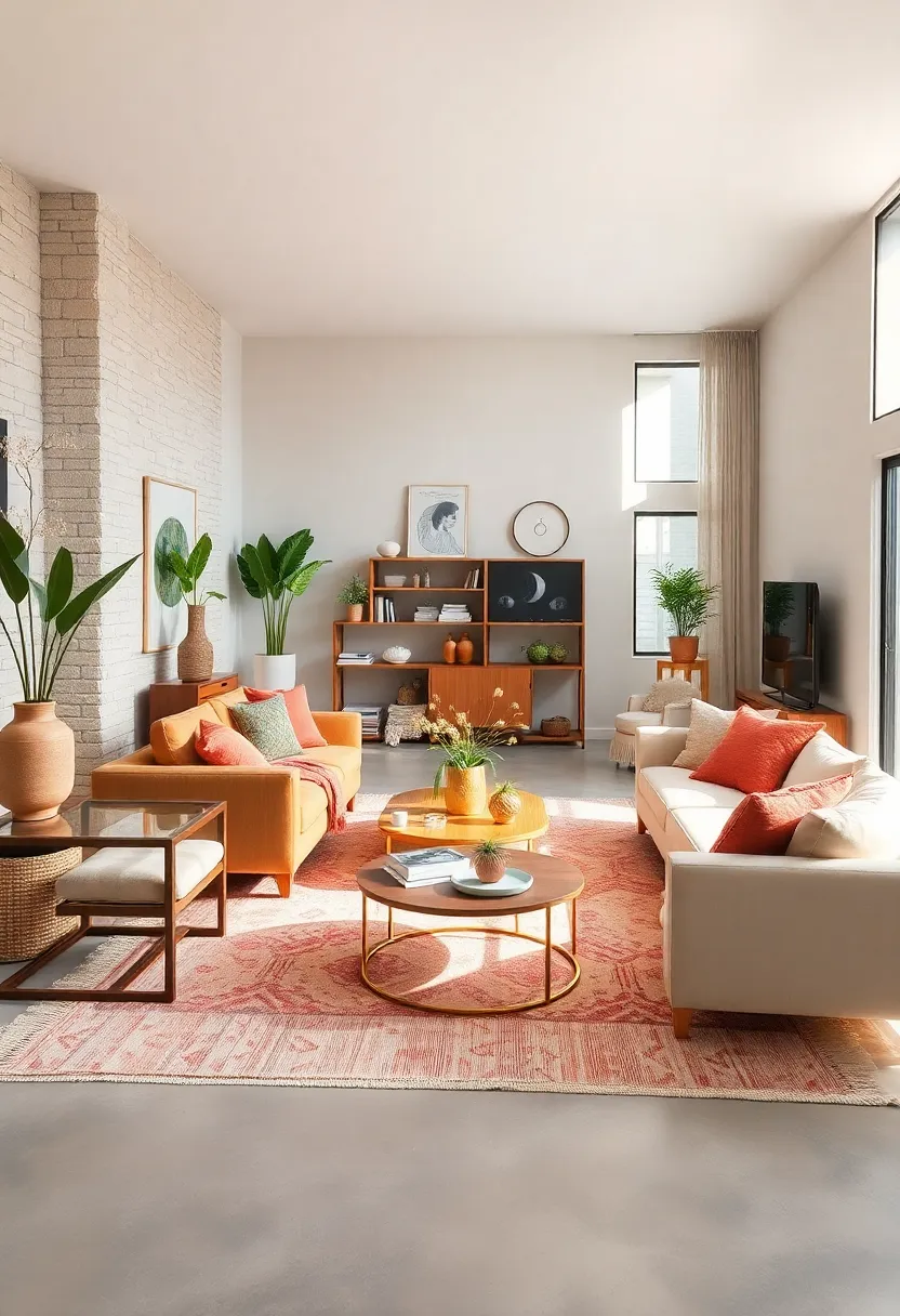 Use layered area rugs to define zones and add warmth underfoot