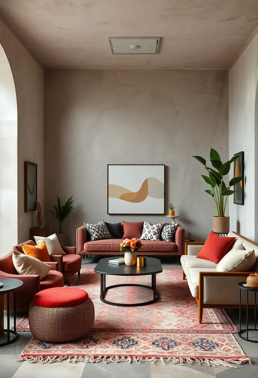 Play with patterns through rugs, cushions, or throws to introduce visual interest