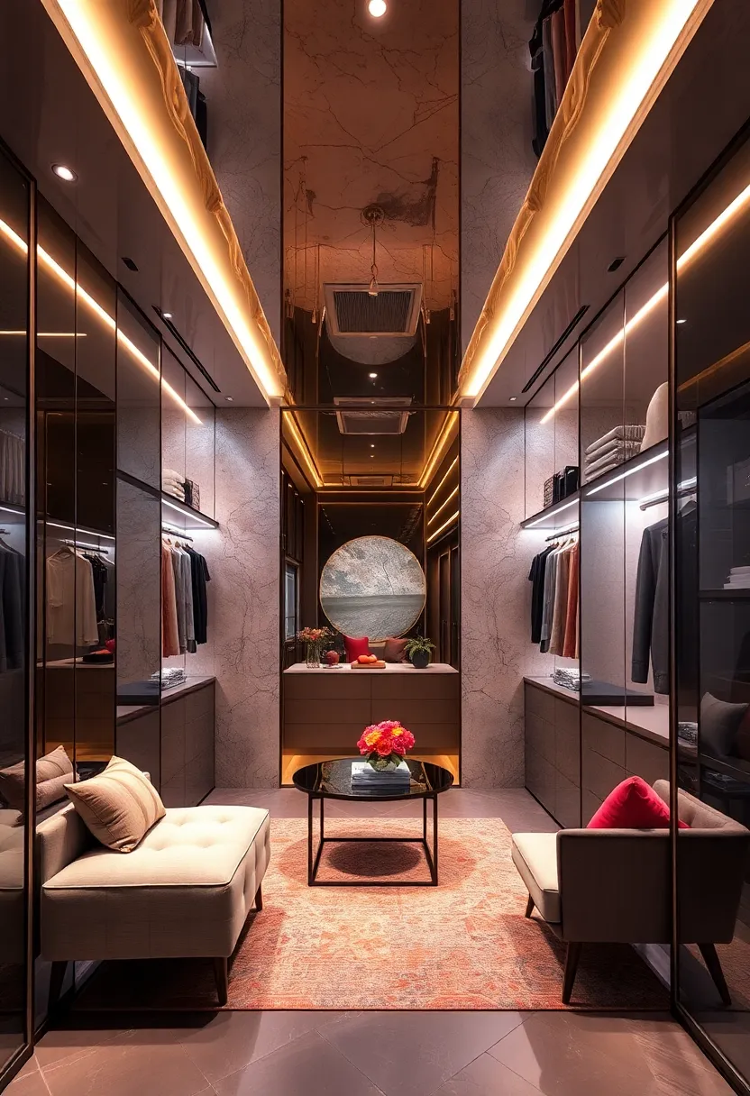 The Alluring ‌Glow of Mirrored Ceilings Illuminating an elegant Walk-In ‌Closet with Soft Ambient ⁢Lighting