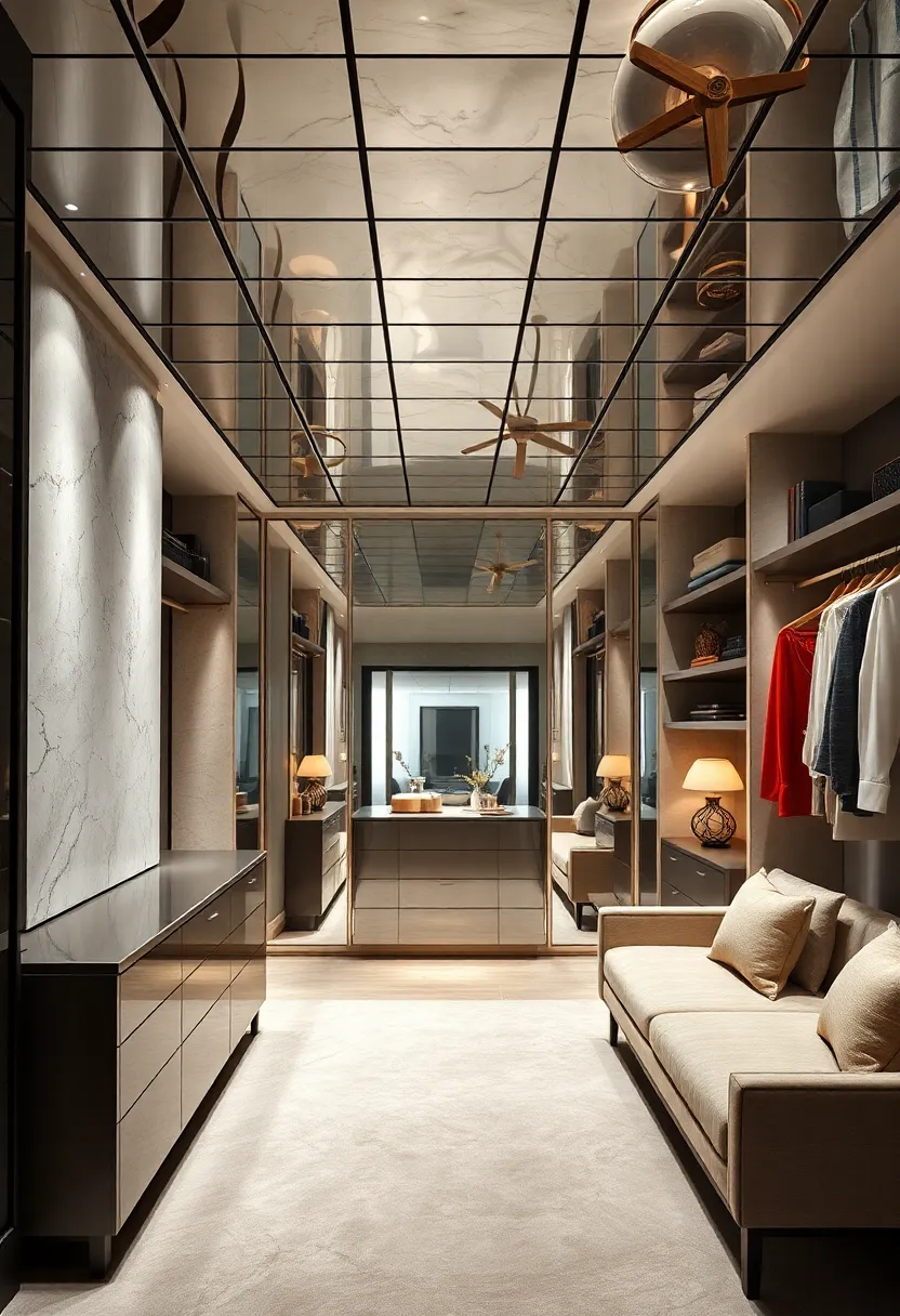 Mirrored Ceiling Tiles⁤ Creating⁤ a Mosaic of Light and ⁢Shadow over ⁣a Refined⁤ Closet Setting