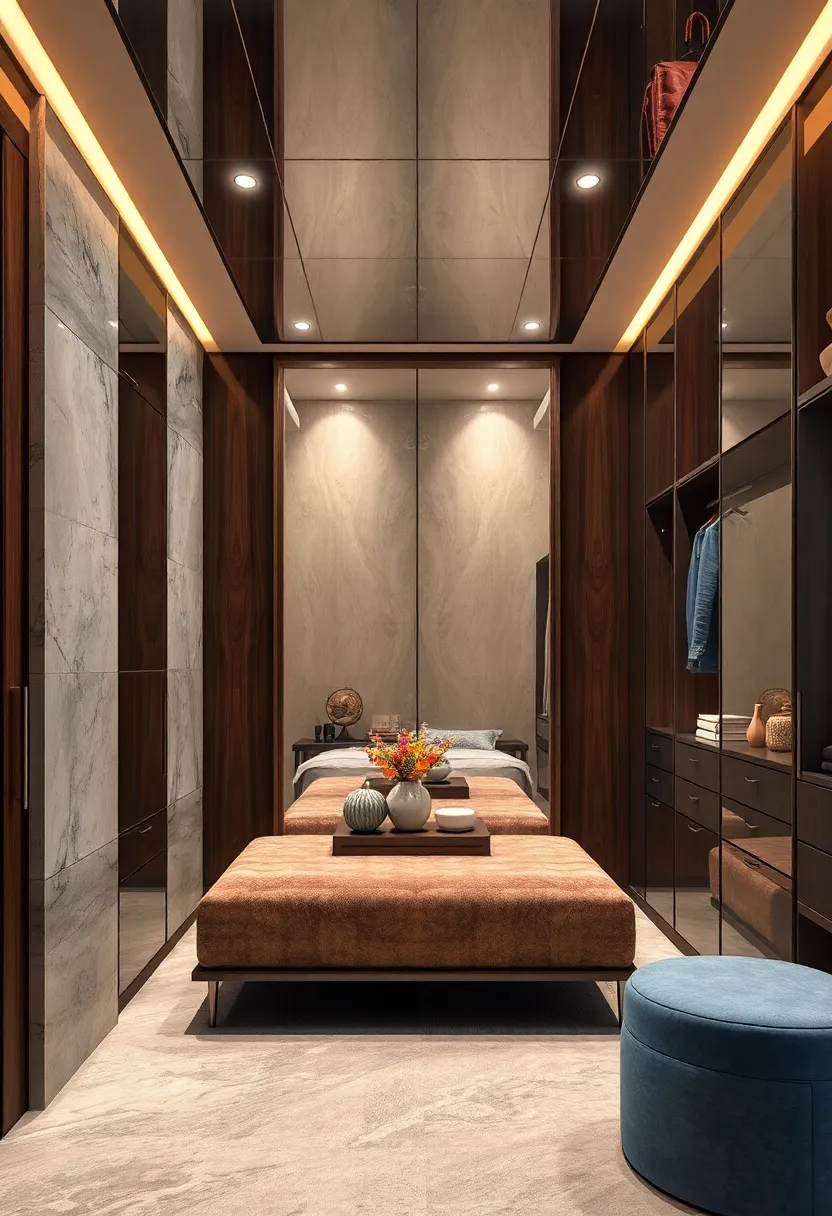 Walk-In Closet⁢ With⁢ Dark Wood Finishes‌ Mirrored​ Above for ⁣a Rich​ and Warm Appearance