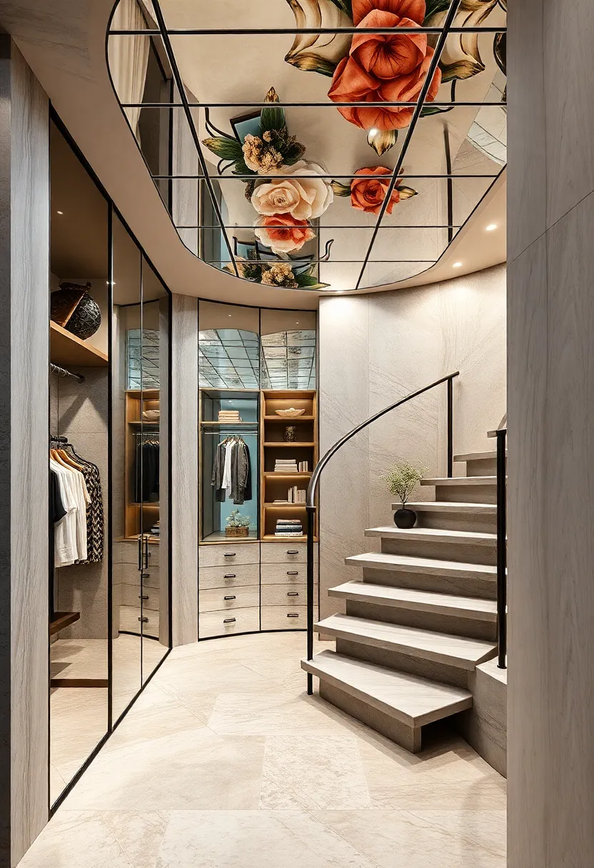 A⁢ Spiral Staircase⁤ With Mirrored Ceiling ‍Panels Enhancing Depth and Sophistication