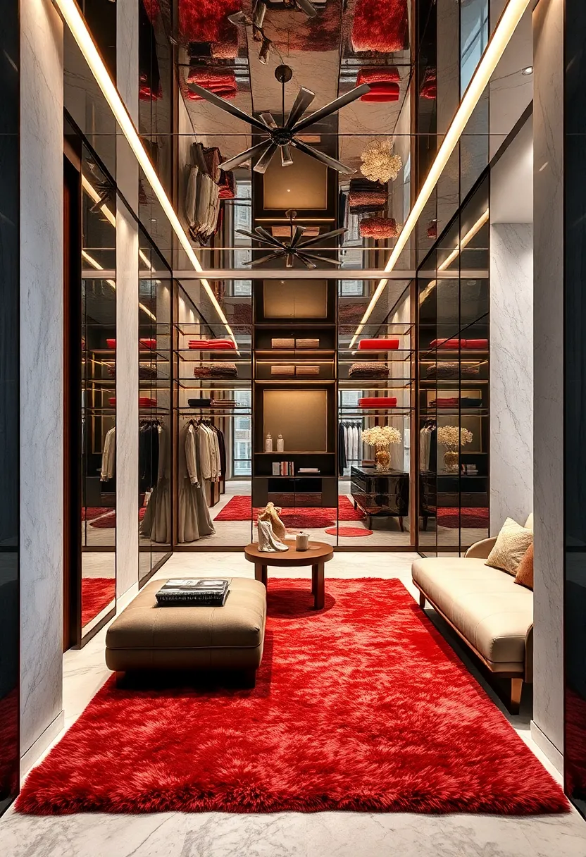 Luxurious ‍Plush Rugs Framed by Mirrored Walls and Ceilings for Layered Texture‌ contrast