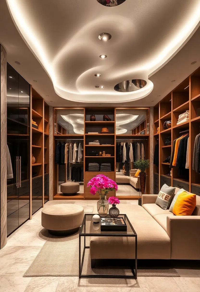 Curved ​Mirrored Ceilings Creating ​Fluidity and Motion in a Sophisticated Closet
