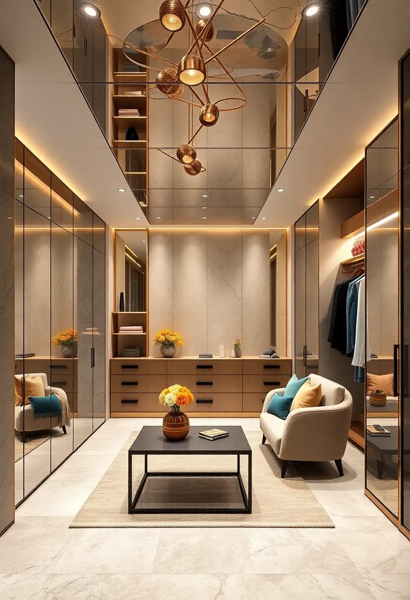 Bold Metallic Accents Harmonizing⁤ With Reflective Surfaces in a⁣ Contemporary Closet