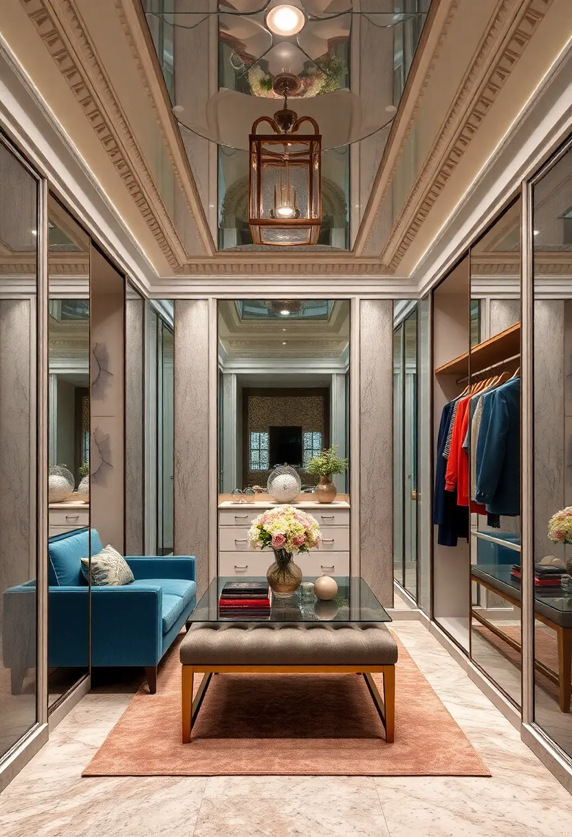 Intricate Crown Molding Framing Reflective Surfaces ⁢in a High-End ​Walk-In Closet Design