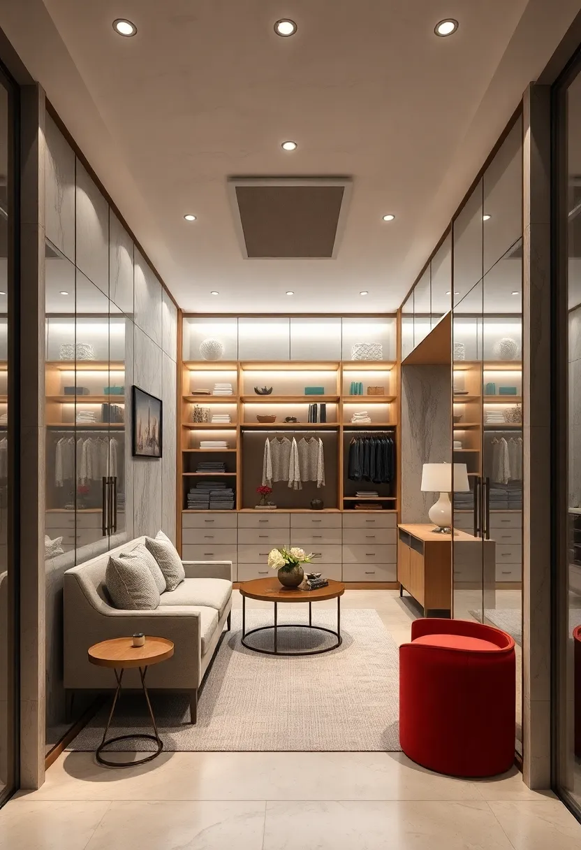 Walk-In Closet Featuring‍ floor-To-Ceiling Glass wardrobe ⁣doors ​Under Mirrored ⁣Ceilings