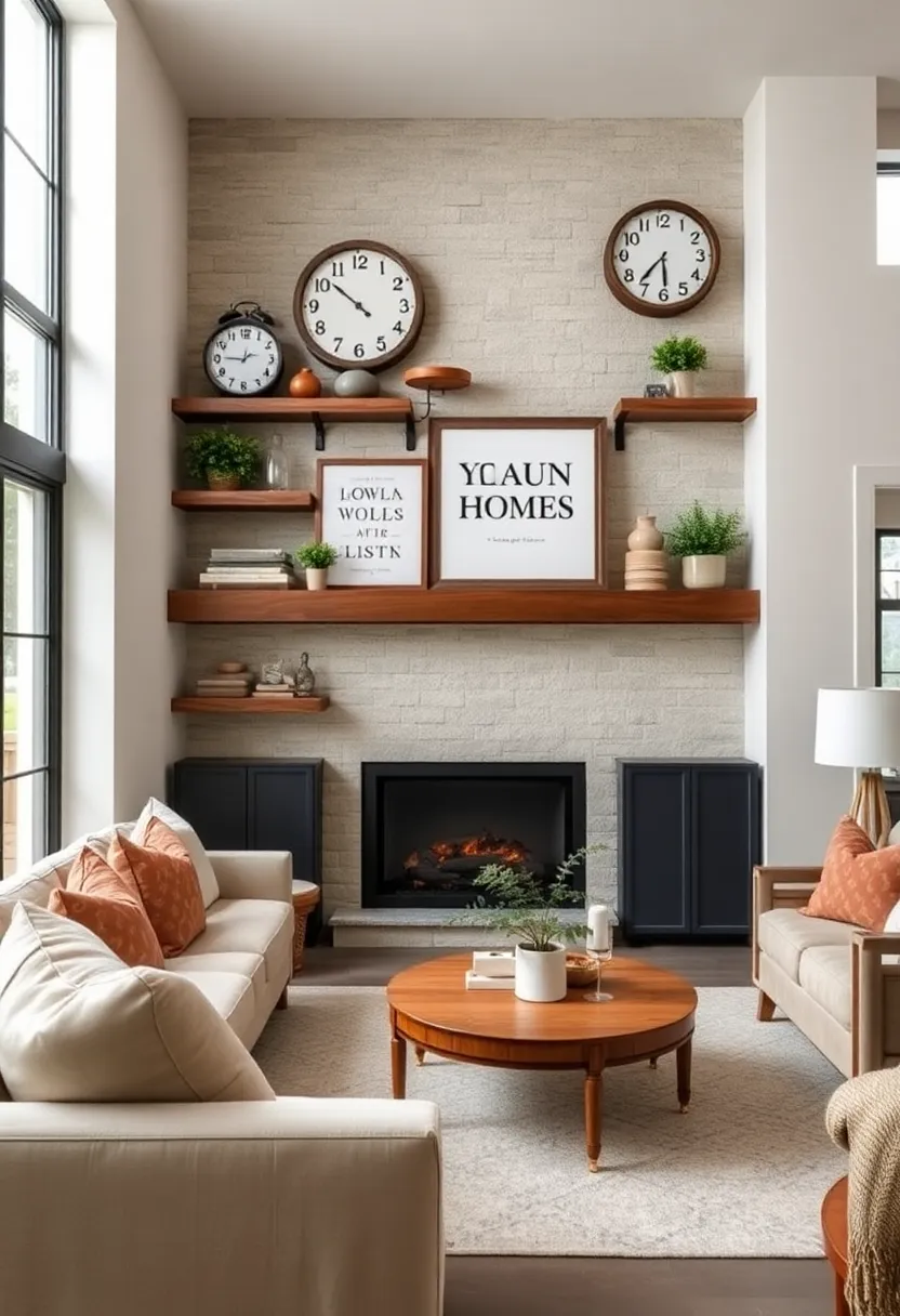 Wide,​ chunky shelves ‍styled with antique clocks ​and framed farmhouse typography art create a⁣ timeless wall display