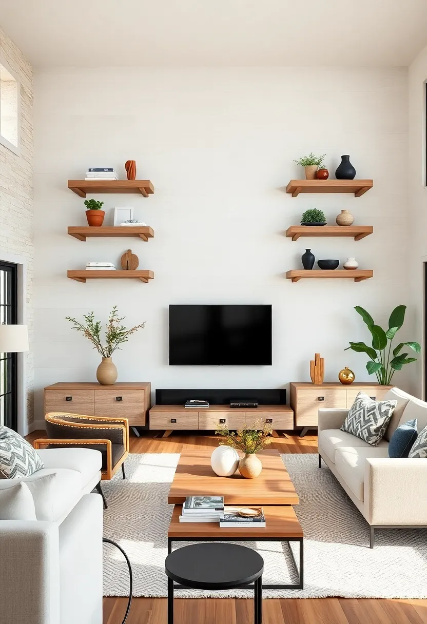 Staggered floating‌ shelves with antique‍ white finishes create ​depth ‌and⁢ enhance wall texture⁢ in ​farmhouse ‍living rooms