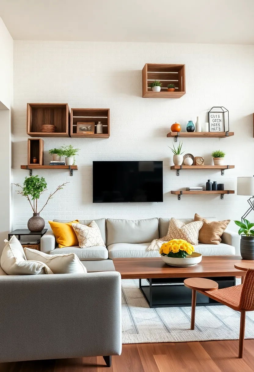 Floating crates repurposed ⁢as wall shelves⁢ infuse playful⁣ creativity‌ and​ rustic charm ‌into ⁢your farmhouse ‌living ‍area