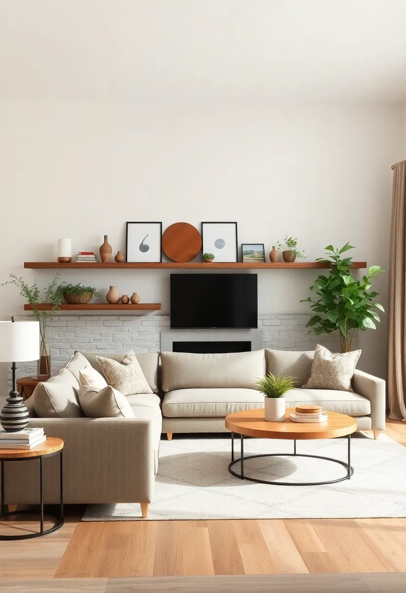 Narrow floating shelves​ above the sofa provide a subtle‌ backdrop ​for small-scale⁢ farmhouse artifacts ‌and greenery