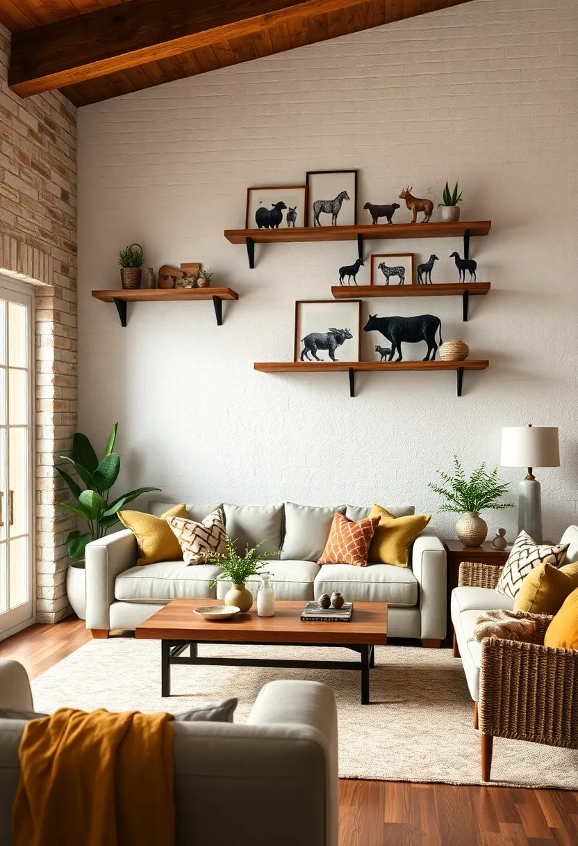 Custom ⁢painted shelves featuring classic farm animal ​stencils bring playful,⁣ nostalgic⁣ charm to​ your living room⁤ walls