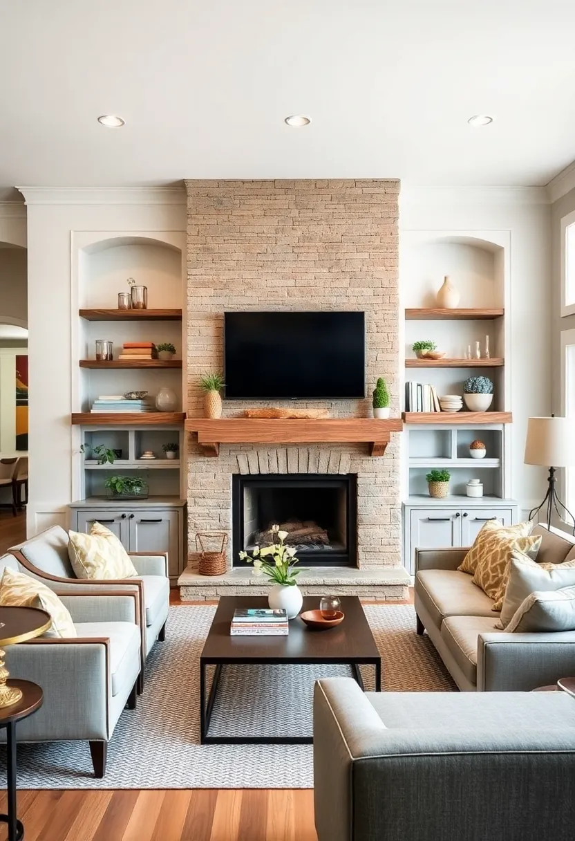 Custom built-in shelves flanking the fireplace mantel⁣ offer symmetrical storage and farmhouse rustic elegance
