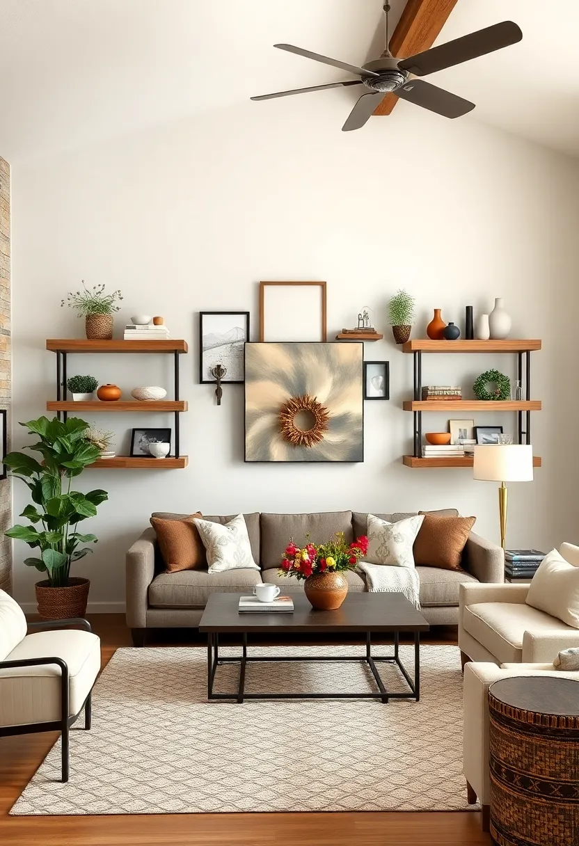 Open wall shelving framed with barnwood accents highlights⁣ family ⁣heirlooms and seasonal ⁣decorations beautifully