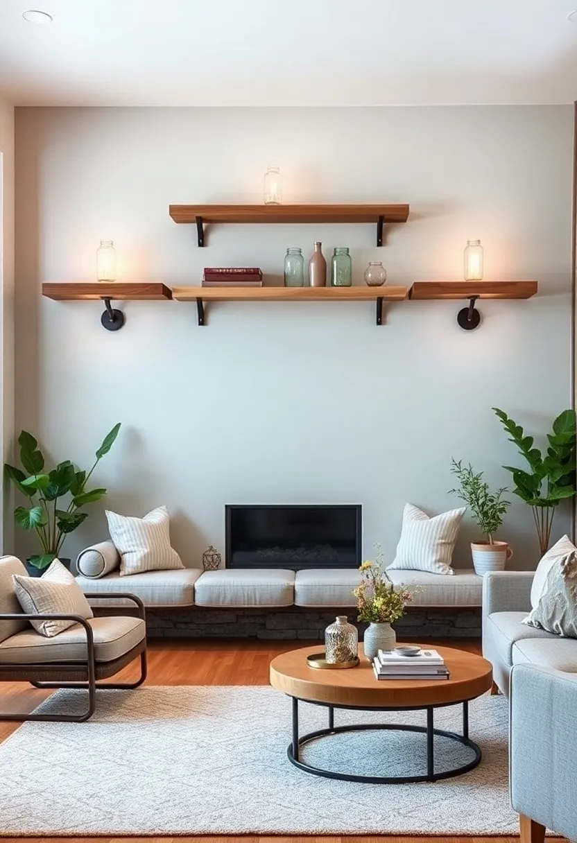 Natural ⁤wood shelves⁣ paired with mason jar wall sconces⁢ bring⁢ nostalgic farmhouse touches to your living ⁤room’s focal wall