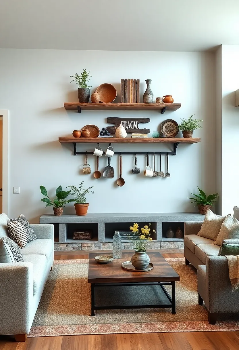 Wall shelves⁤ with integrated hooks beneath allow​ for hanging‌ farmhouse mugs and​ garden tools as decor