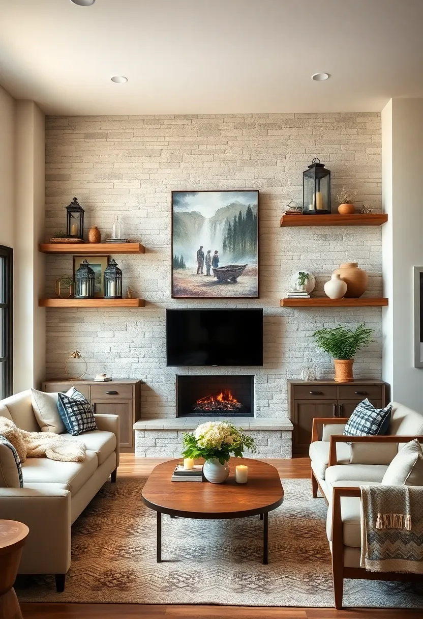 Rustic beam-inspired shelves displaying lanterns, baskets, and candles‍ set a⁤ cozy⁢ scene for relaxing farmhouse gatherings