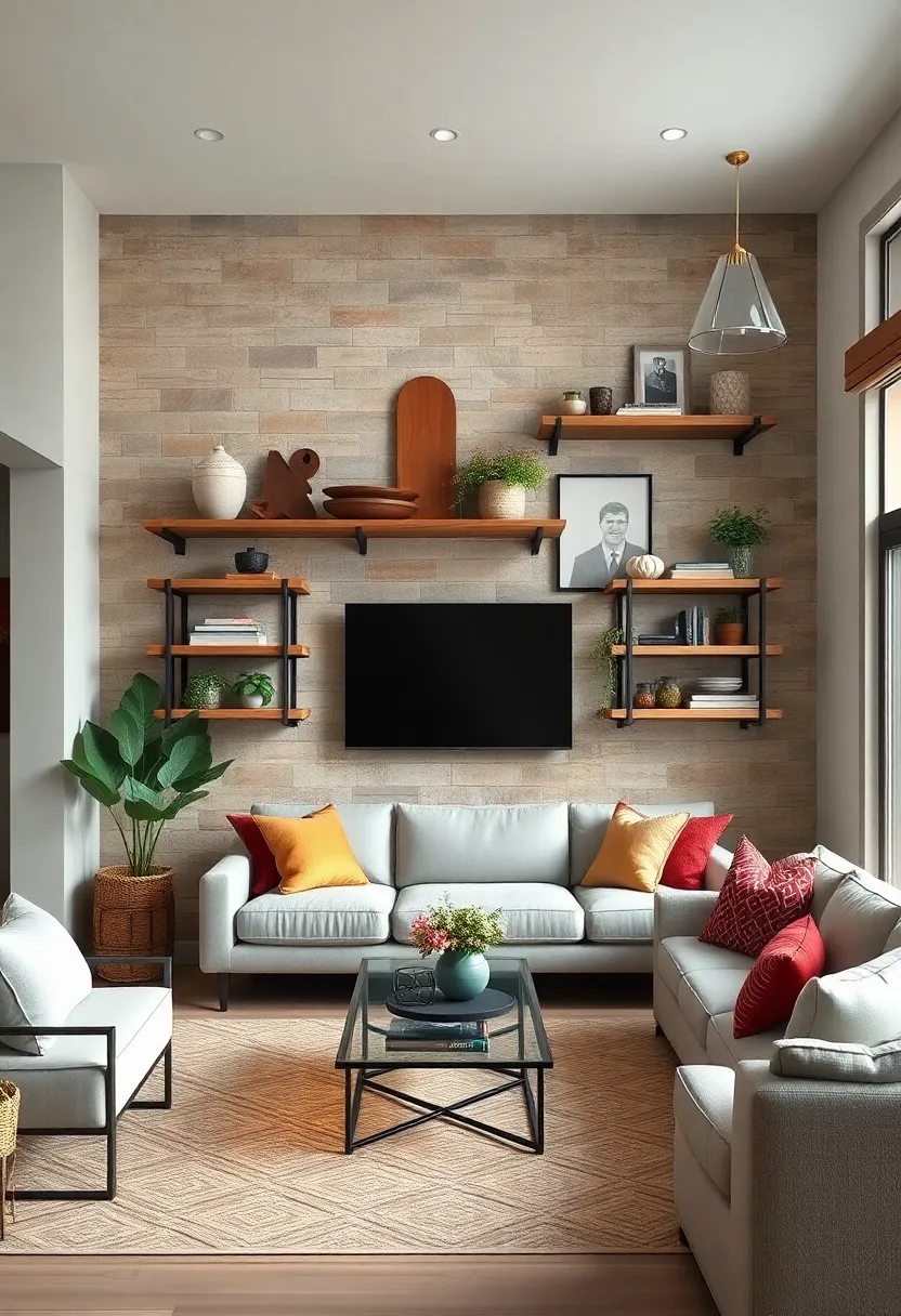 Mixed-material shelves combining reclaimed wood⁣ and galvanized ⁤metal‍ complement barn-inspired living room​ themes