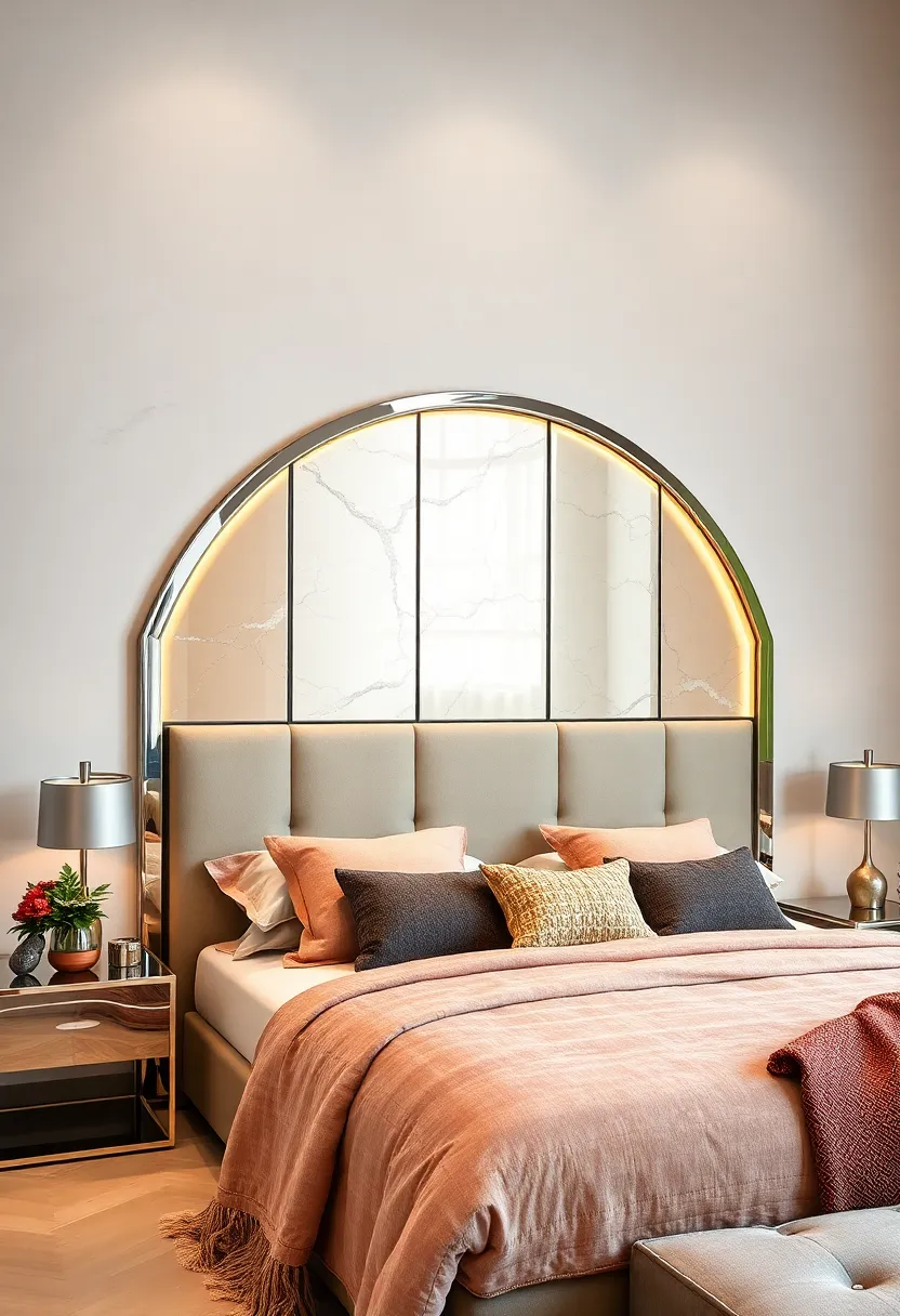 An ⁢arched ‍headboard with mirrored panels framed by sleek ⁣chrome for ‍an ultra-modern statement