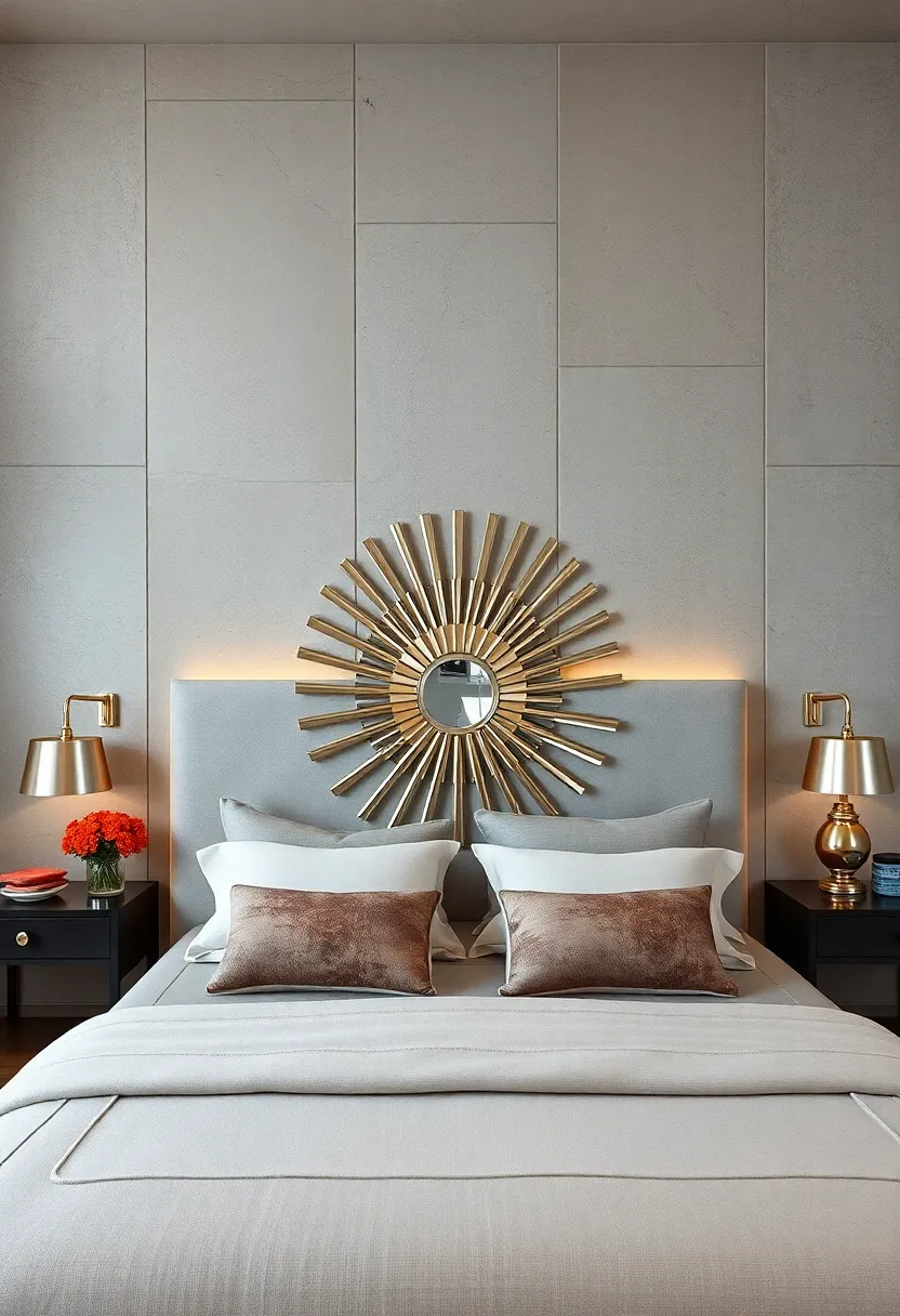 An ‌art deco-inspired headboard with mirrored sunburst ​accents radiating from the center panel