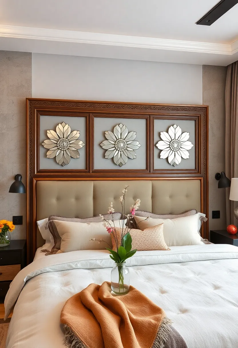 A carved wood ‍headboard with inset mirrored‍ floral motifs that meld traditional craftsmanship ‍with modern flair
