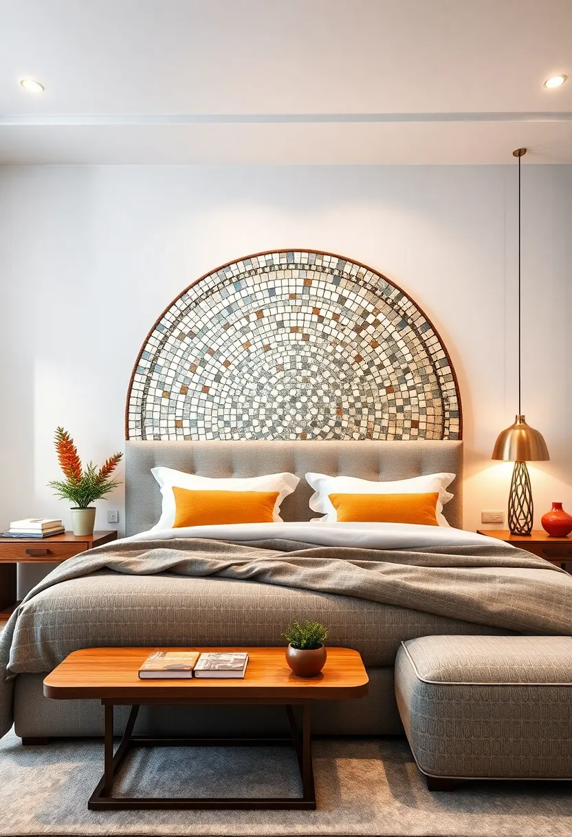 A‌ circular headboard with mirrored mosaic⁤ accents that catch the light from‌ every angle