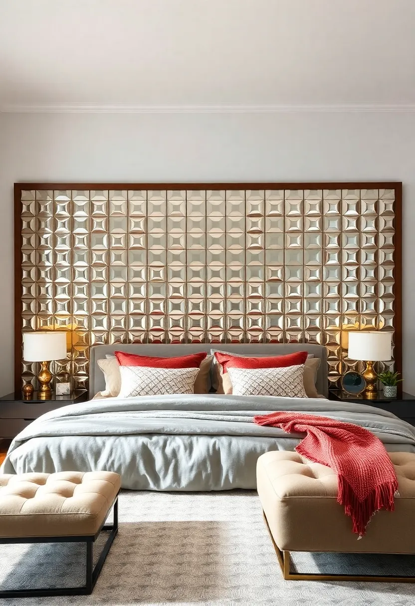 A ‌large, bold headboard covered entirely ⁣in mirrored‌ tiles, transforming‌ your bedroom into a chic retreat
