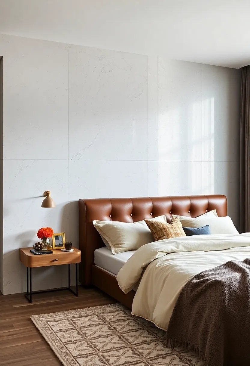 A leather-upholstered headboard with small, square mirrored button tufting for​ a unique twist