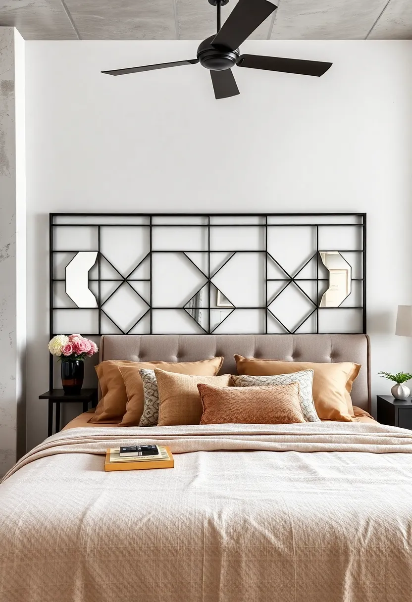 A low-profile metal headboard with mirror-finished geometric cutouts ⁣for ​a ⁣sleek and contemporary vibe