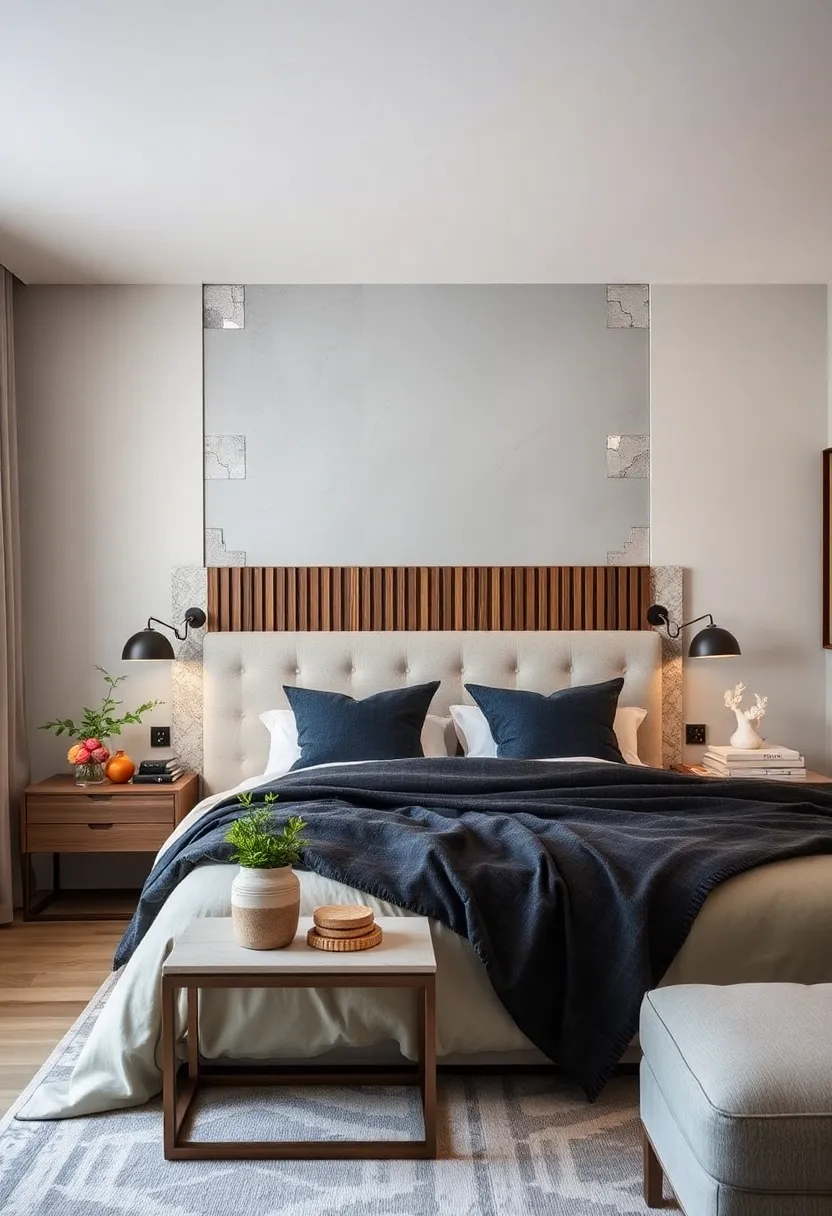 A minimalist slatted headboard‍ punctuated with‌ strategically ⁢placed mirrored‌ tiles for ⁣a playful effect