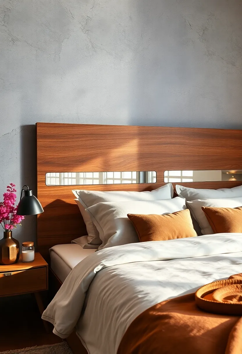 A minimalist wooden headboard with inset‌ mirrored strips‍ that reflect light and brighten the room