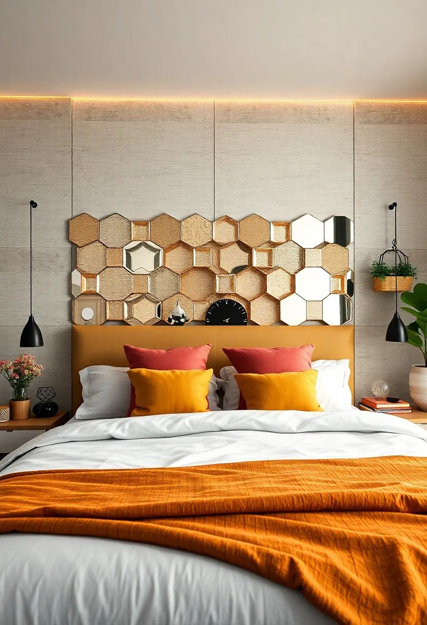 A modular headboard⁢ composed ⁢of mirrored hexagonal⁣ tiles⁢ arranged like a honeycomb for a trendy appeal