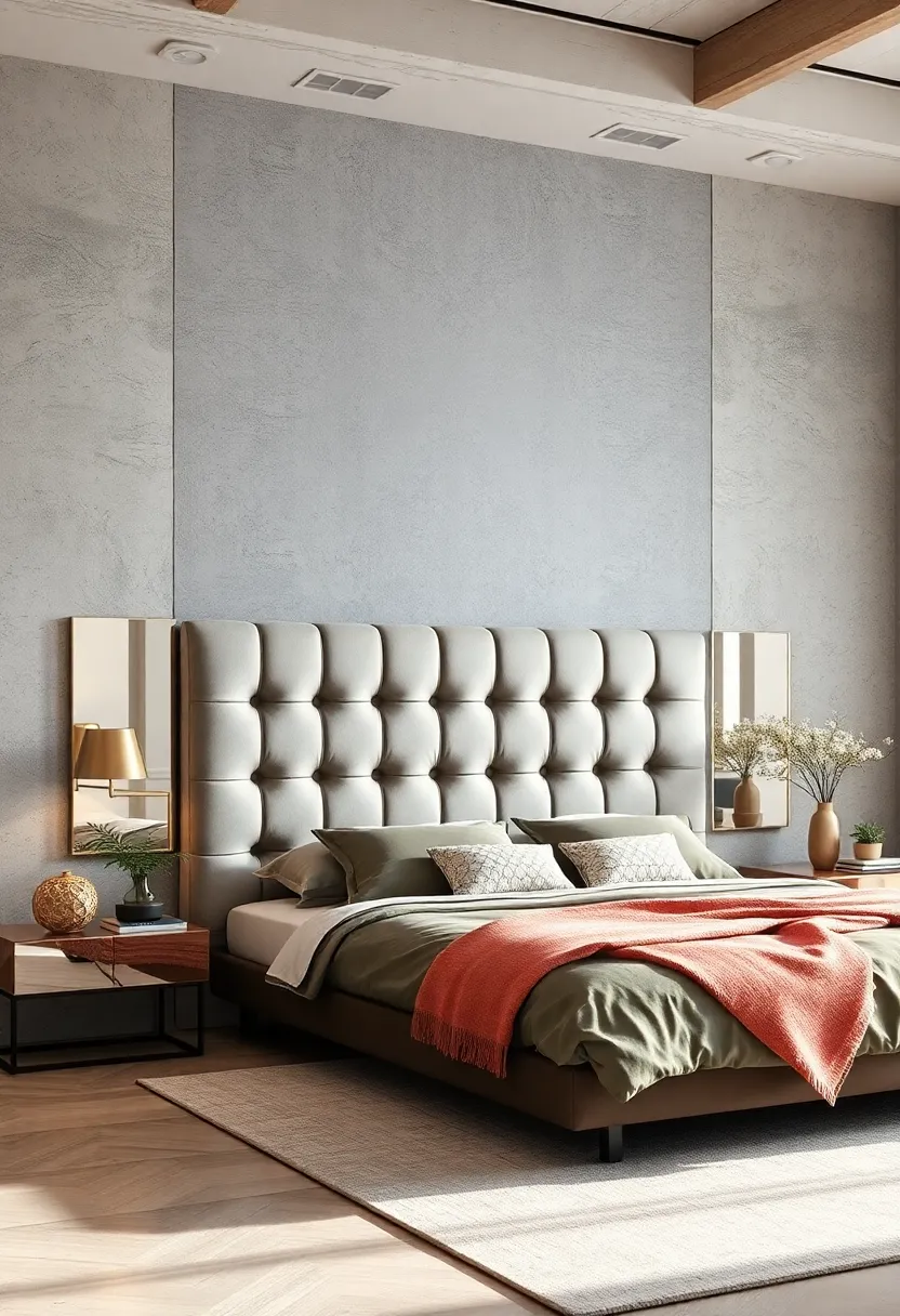 A plush, tufted headboard ​framed by a thin mirrored edge to enhance light and create ‌depth
