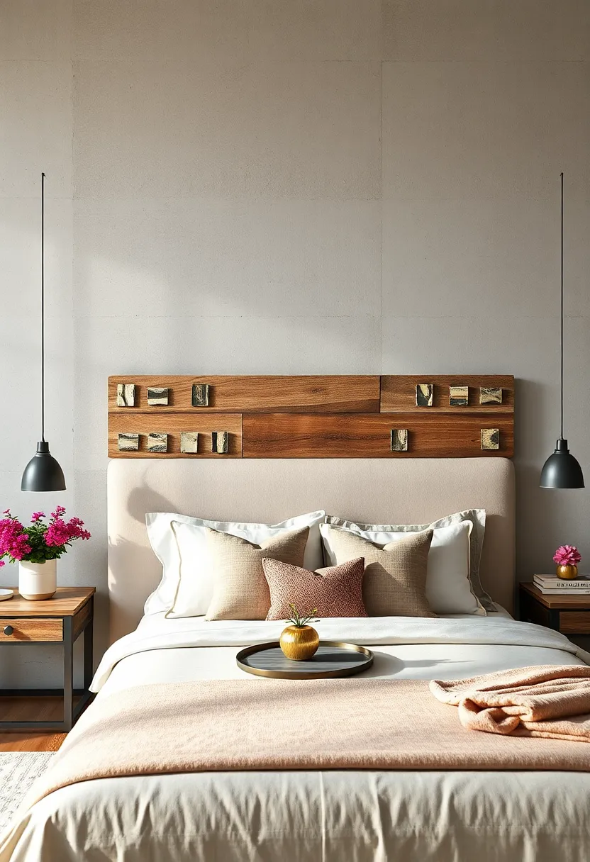 A ⁤rustic reclaimed wood headboard ‌enhanced by⁢ subtle mirrored inserts for a modern farmhouse look