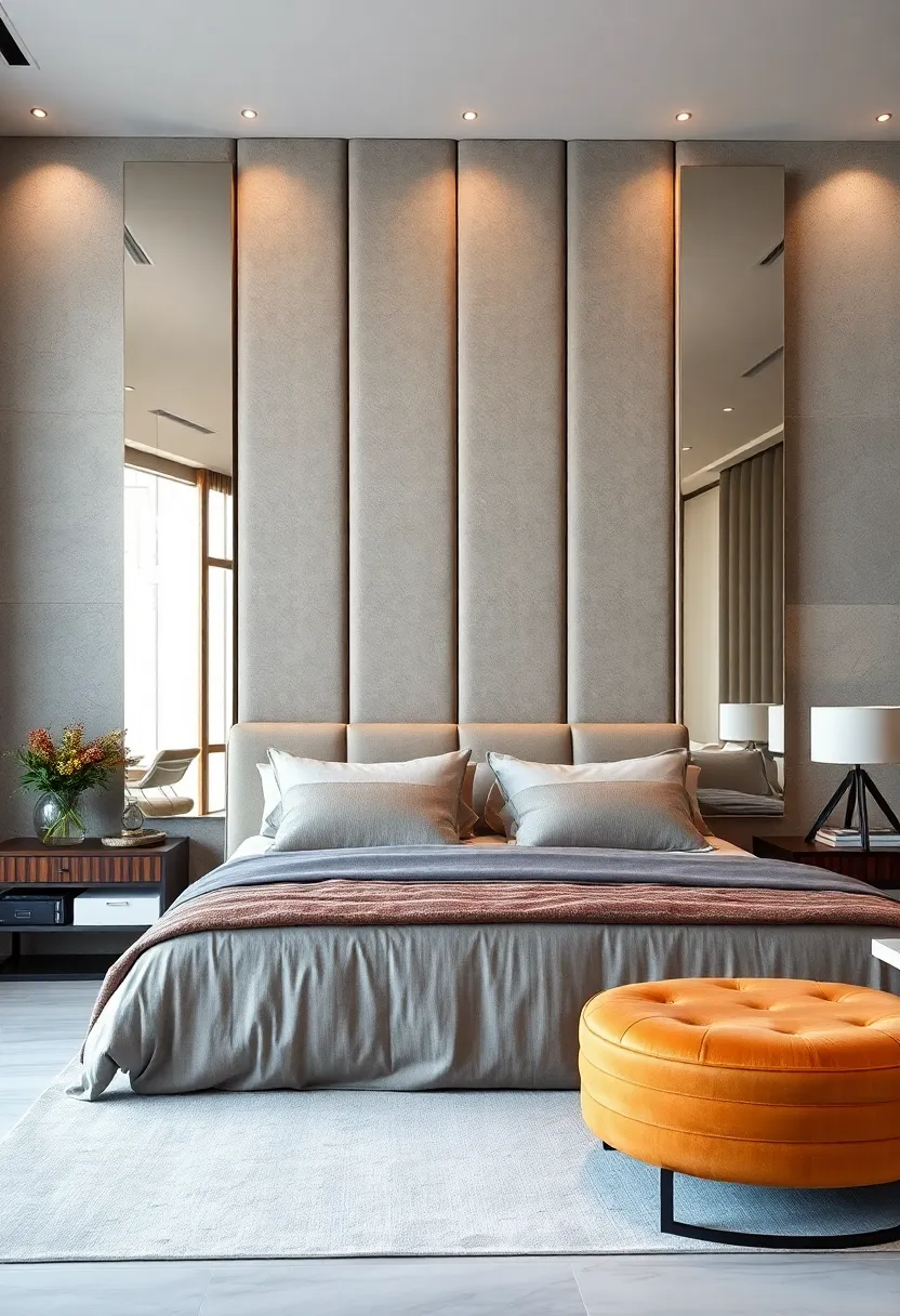 A tall, paneled ⁢headboard with alternating mirrored and ‌wooden sections, combining modern style with warmth