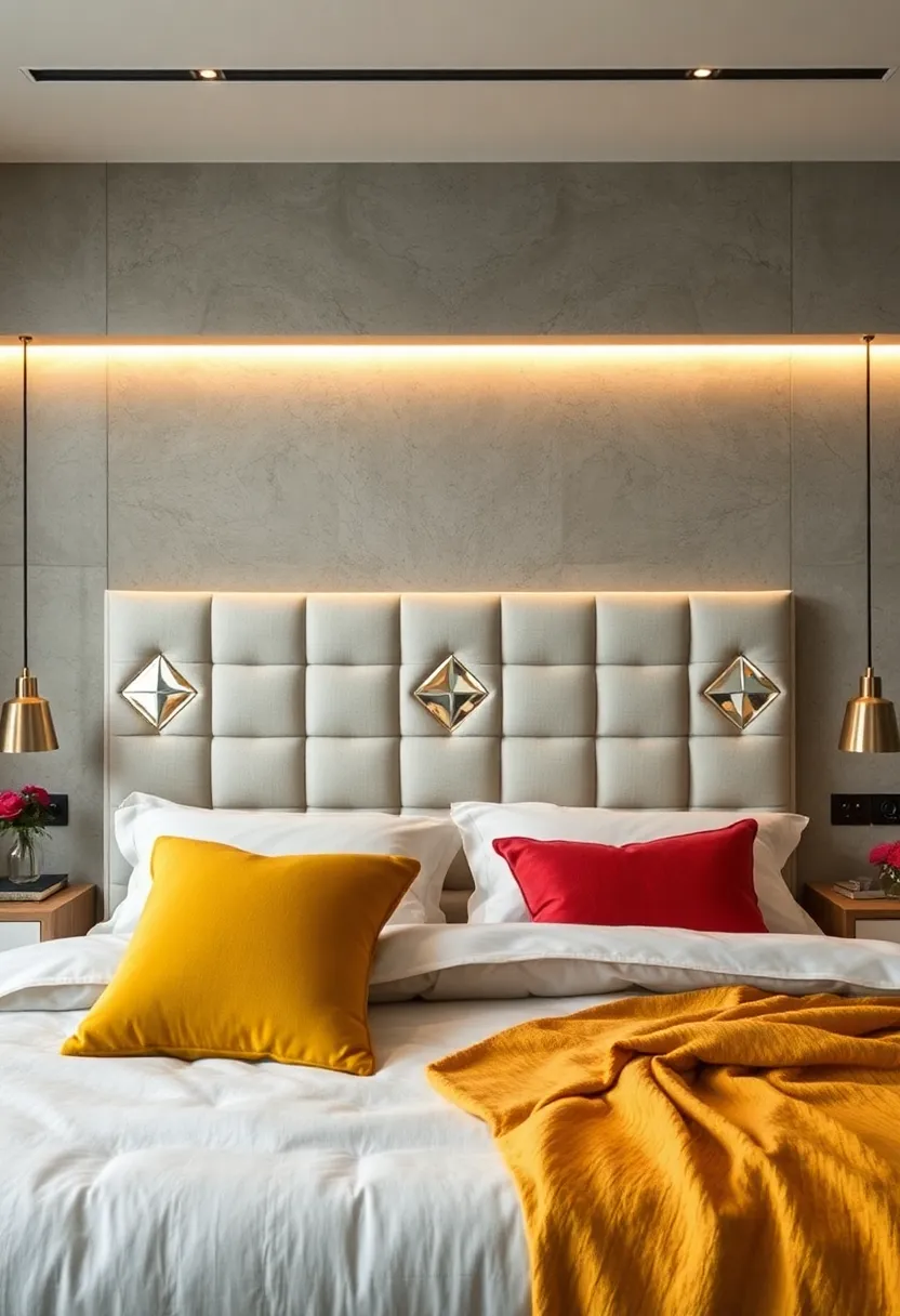 An upholstered headboard featuring diamond-shaped⁢ mirrored inlays for a ⁣touch⁤ of vintage⁢ elegance