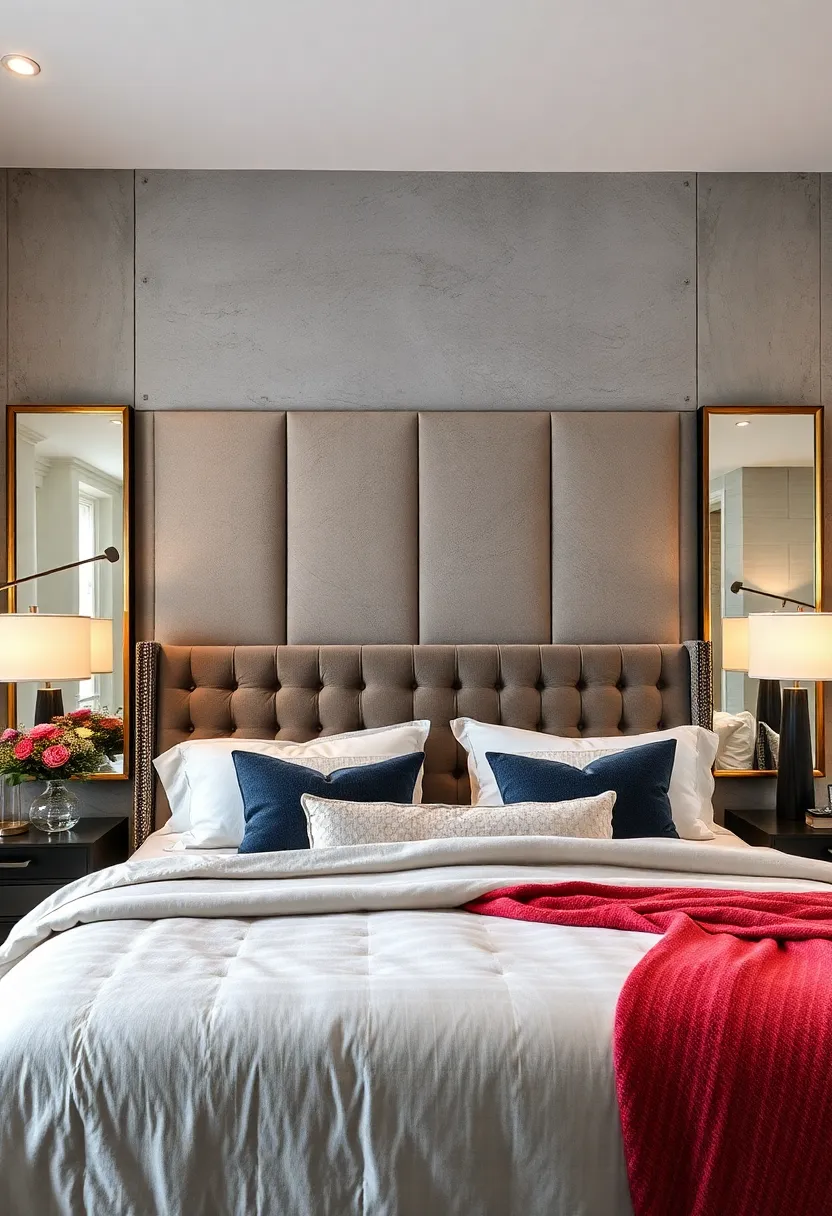 A velvet-upholstered headboard⁤ framed ⁣with ⁣distressed mirror ‍panels,⁤ blending luxury with rustic charm