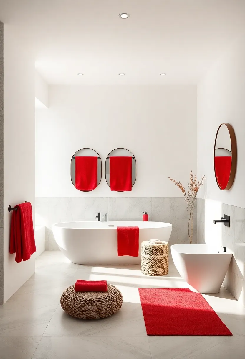 Crisp White and Bold Red: High-energy pairing of white walls‍ with striking red​ towels and decor