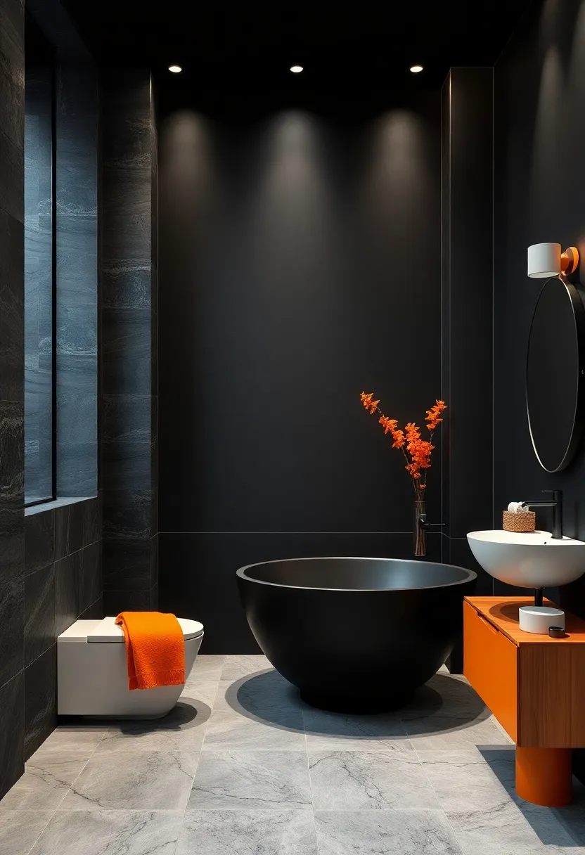 Black and Bright‌ Orange:⁤ Striking black surfaces‍ paired with vibrant orange statements ‌pieces