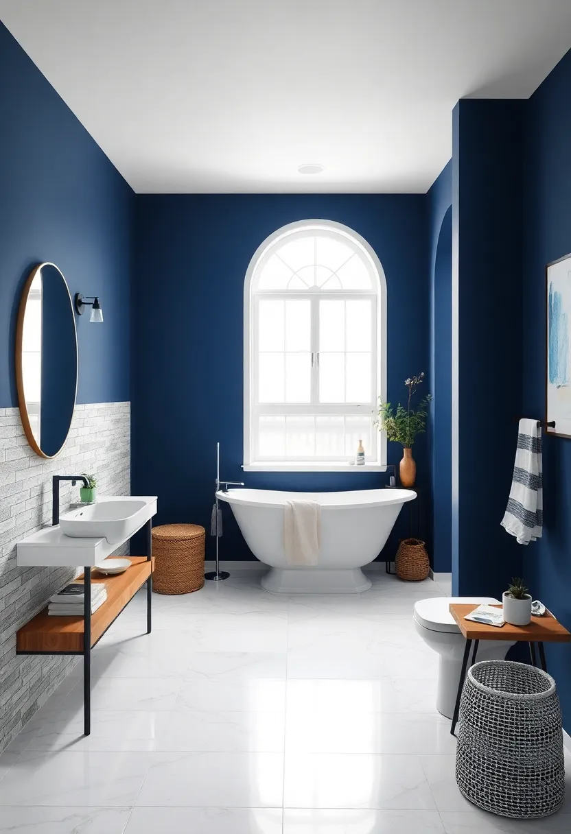 Navy Blue and Bright White: Deep navy ‌walls paired with bright white accents for a nautical vibe