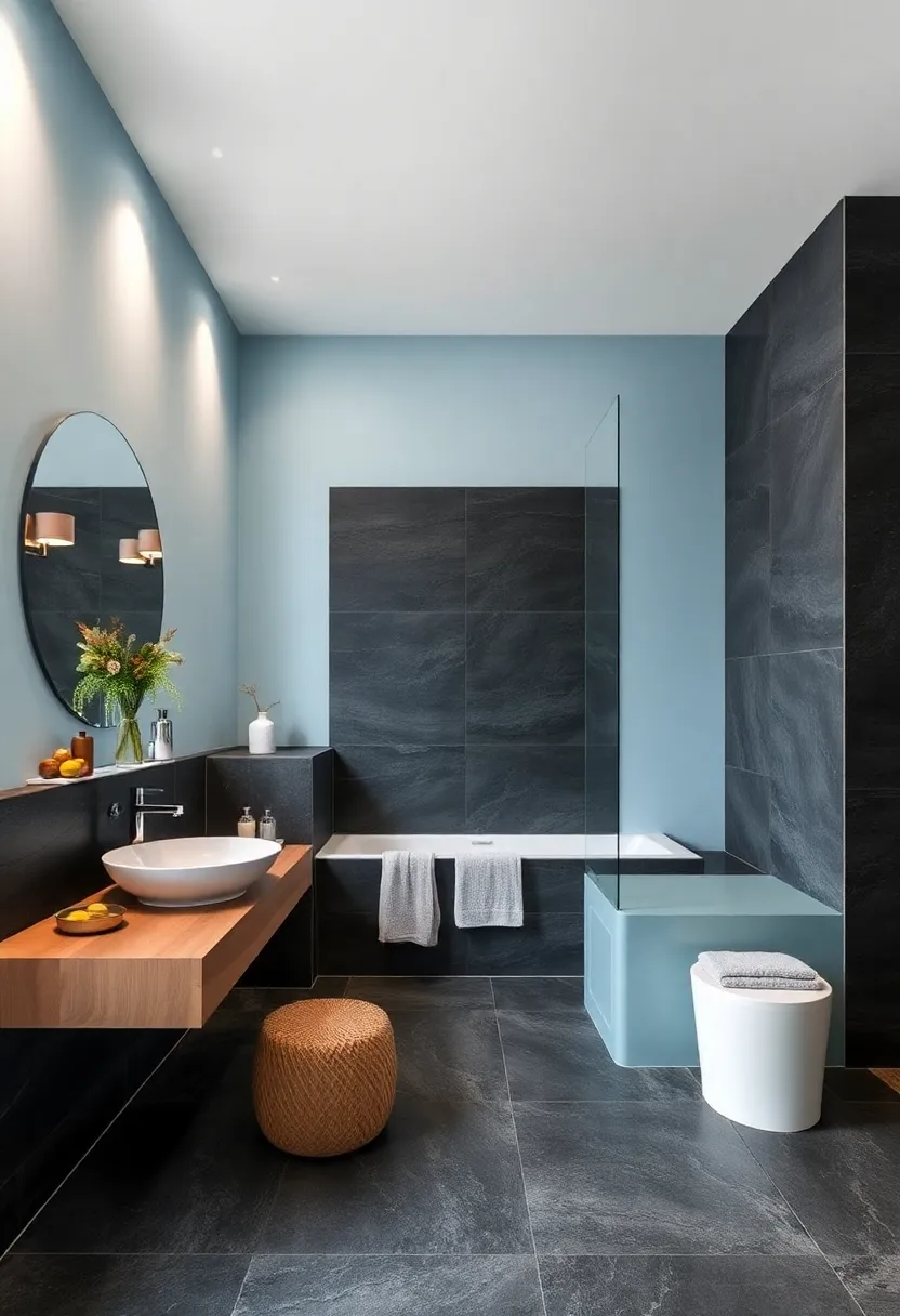 Black Slate and Ice blue: Dark ​slate⁣ tiles contrasted by icy blue walls for a⁢ cool,modern effect
