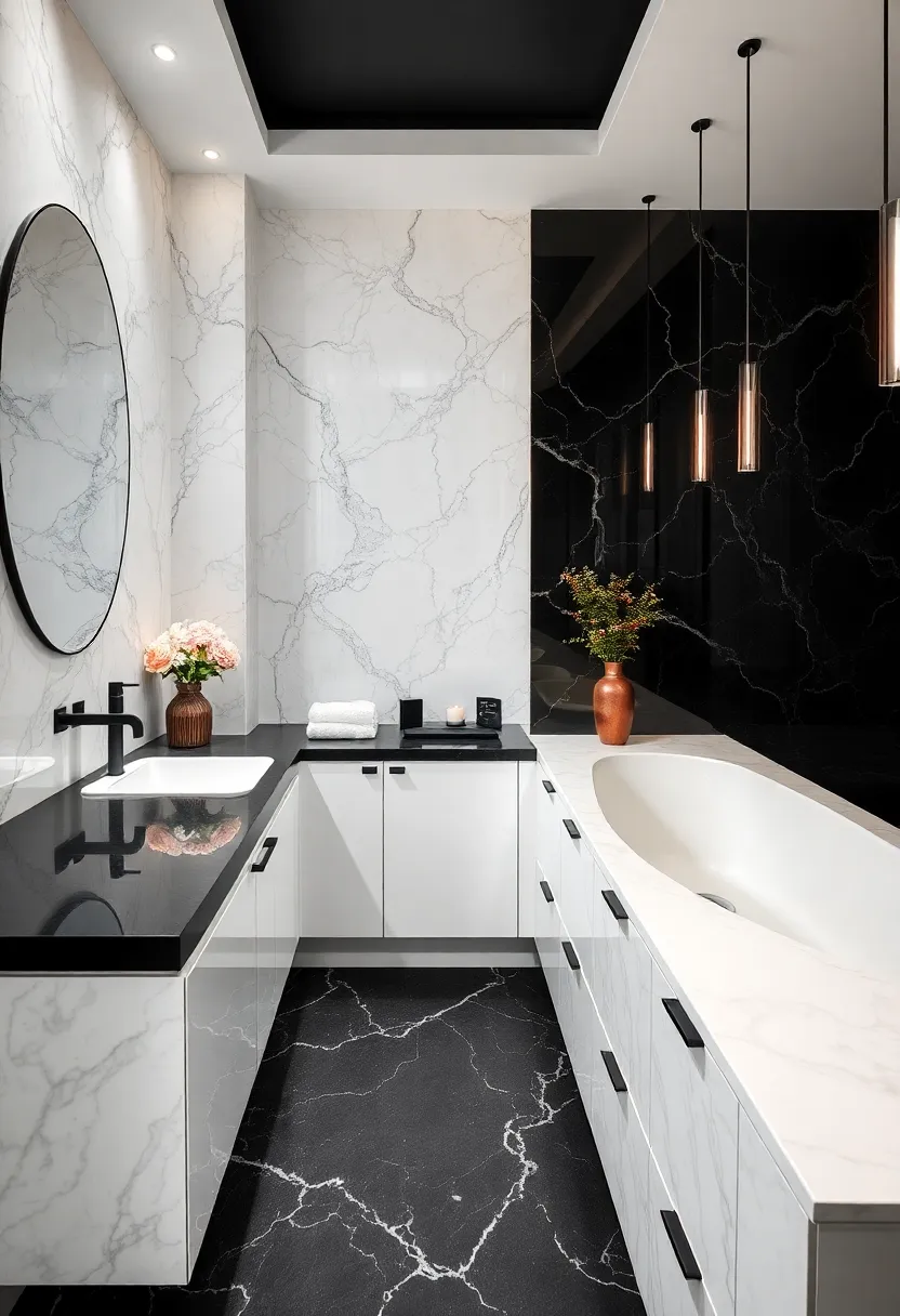 Onyx Black ​and Marble White: Polished⁢ black countertops set against white ​marble⁤ surfaces ‌for luxurious appeal