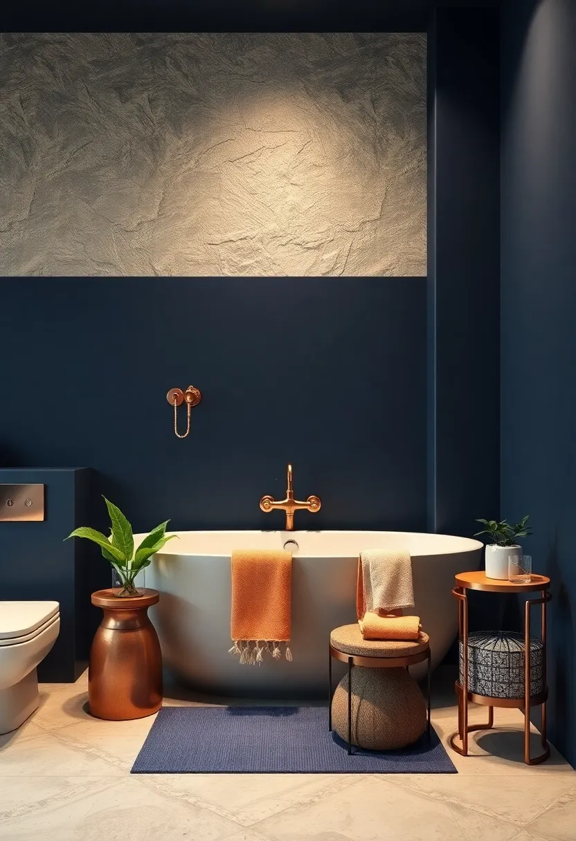 navy Blue‍ and‍ Copper: Rich navy paired with warm copper ​fixtures to‍ add industrial warmth