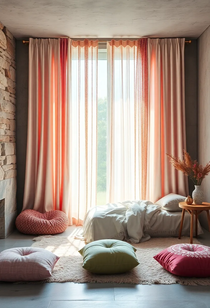 Soft Pastel Beaded⁣ curtains Streaming Light ⁢Through a Bohemian Inspired bedroom Window Scene