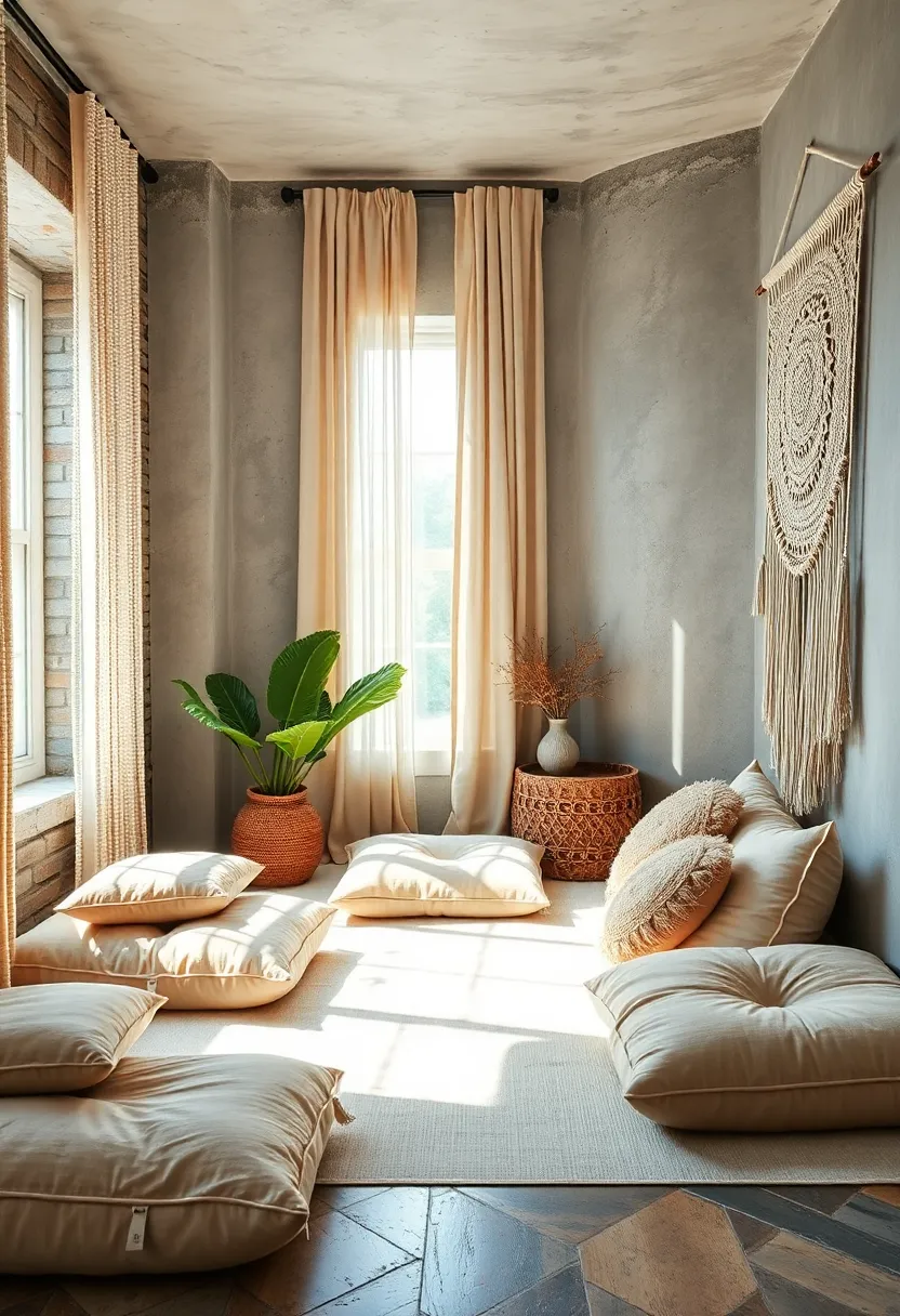 A Sunlit ⁤Corner Filled with‌ Layered Floor Cushions​ and ⁣a Macramé Wall Hanging Creating​ Warm Textures