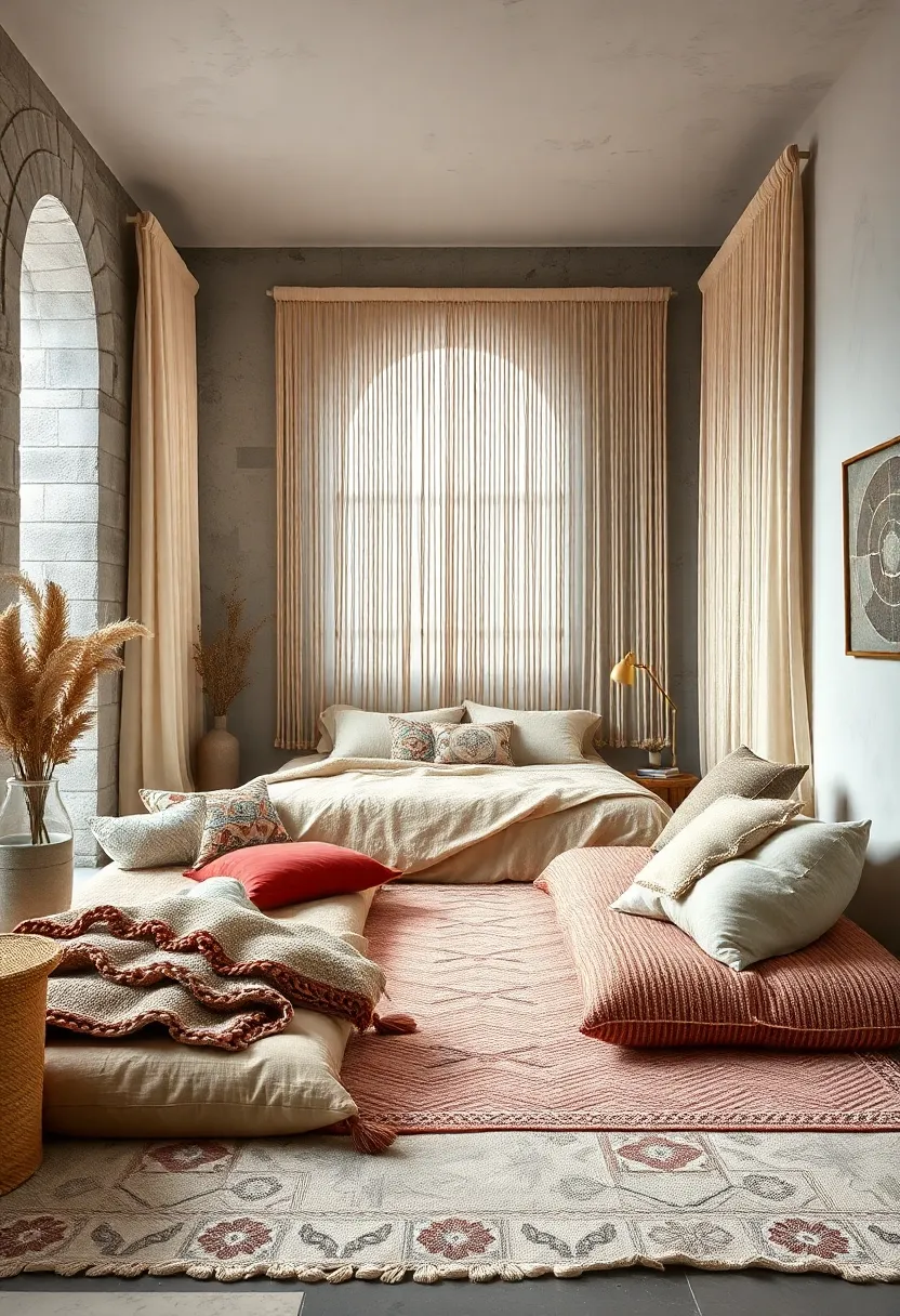 Layered Floor⁢ Cushions in Warm Tones Nestled Beneath Large Hanging Plants ‍and‌ Beaded ⁢Curtain Doorways